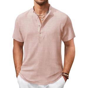 imageCOOFANDY Mens Casual Henley Shirt Short Sleeve Summer Shirts Linen Band Collar Summer Beach Hippie TShirtsPastel Pink