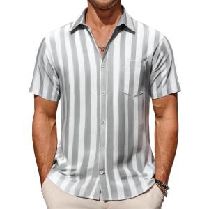 imageCOOFANDY Mens Casual Summer Beach Wrinkle Free Shirts Short Sleeve Button Down Lightweight Untucked Textured ShirtStripesgrey