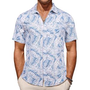 imageCOOFANDY Mens Casual Summer Beach Wrinkle Free Shirts Short Sleeve Button Down Lightweight Untucked Textured ShirtZbluepalm Leaf