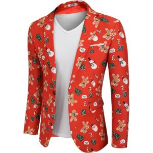 imageCOOFANDY Mens Halloween Blazer Jacket One Button Christmas Sport Coat Halloween Party Holiday JacketChristmas Blazer  Gingerbread Man