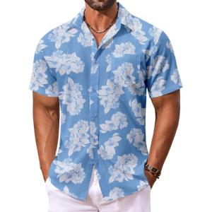 imageCOOFANDY Mens Hawaiian Shirt Short Sleeve Floral Button Down Shirts Tropical Vacation Beach Shirts with PocketLight Blue  White Leaf