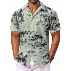 imageCOOFANDY Mens Hawaiian Shirt Short Sleeve Floral Button Down Shirts Tropical Vacation Beach Shirts with PocketLight Green  Palm Tree