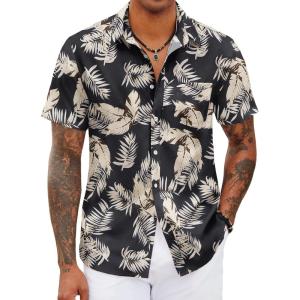 imageCOOFANDY Mens Hawaiian Shirts Short Sleeve Tropical Button Down Shirts Floral Summer Beach ShirtBlack  Khaki Leaves