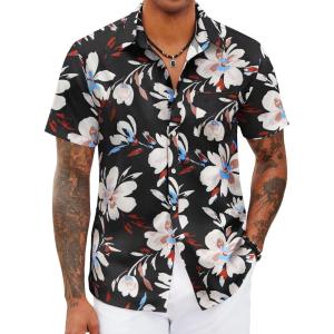 imageCOOFANDY Mens Hawaiian Shirts Short Sleeve Tropical Button Down Shirts Floral Summer Beach ShirtBlack  White Flower