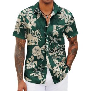 imageCOOFANDY Mens Hawaiian Shirts Short Sleeve Tropical Button Down Shirts Floral Summer Beach ShirtGreen  Palm Tree