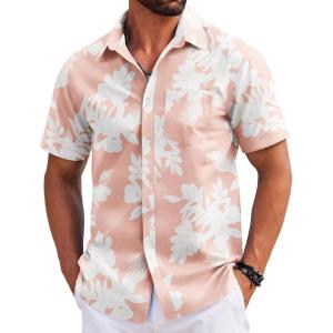 imageCOOFANDY Mens Hawaiian Shirts Short Sleeve Tropical Button Down Shirts Floral Summer Beach ShirtPink  White Flower