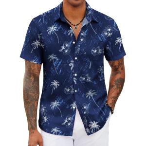 imageCOOFANDY Mens Hawaiian Shirts Short Sleeve Tropical Button Down Shirts Floral Summer Beach ShirtRoyal Blue  Palm Tree