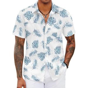 imageCOOFANDY Mens Hawaiian Shirts Short Sleeve Tropical Button Down Shirts Floral Summer Beach ShirtWhite  Blue Leaves