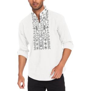 imageCOOFANDY Mens Henley Shirt Vyshyvanka Long Sleeve African Print Shirts Casual Zip Up Cotton Linen Beach Hippie ShirtLeaves Print