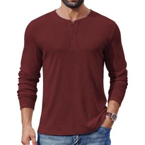 imageCOOFANDY Mens Henley Shirts Long Sleeve Lightweight Buttons TShirts Casual Basic Pullover TopWine Red