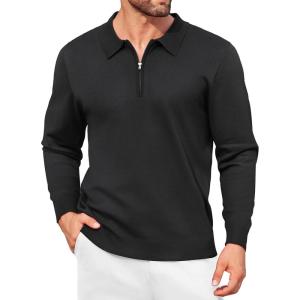 imageCOOFANDY Mens Knit Polo Shirt Quarter Zip Slim Fit Pullover Long Sleeve Sweater PoloBlack
