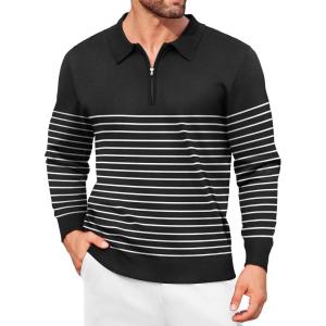 imageCOOFANDY Mens Knit Polo Shirt Quarter Zip Slim Fit Pullover Long Sleeve Sweater PoloBlack White Stripes