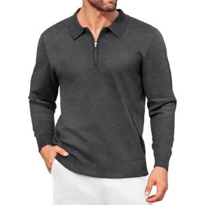 imageCOOFANDY Mens Knit Polo Shirt Quarter Zip Slim Fit Pullover Long Sleeve Sweater PoloDark Grey
