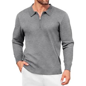 imageCOOFANDY Mens Knit Polo Shirt Quarter Zip Slim Fit Pullover Long Sleeve Sweater PoloGray
