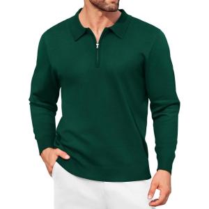 imageCOOFANDY Mens Knit Polo Shirt Quarter Zip Slim Fit Pullover Long Sleeve Sweater PoloGreen