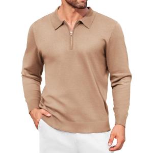 imageCOOFANDY Mens Knit Polo Shirt Quarter Zip Slim Fit Pullover Long Sleeve Sweater PoloKhaki