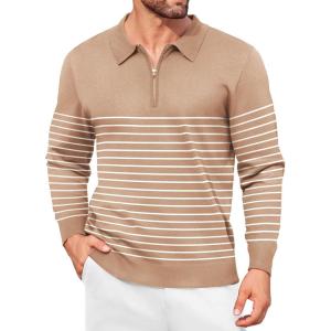 imageCOOFANDY Mens Knit Polo Shirt Quarter Zip Slim Fit Pullover Long Sleeve Sweater PoloKhaki White Stripes