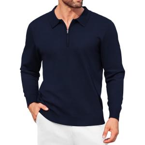 imageCOOFANDY Mens Knit Polo Shirt Quarter Zip Slim Fit Pullover Long Sleeve Sweater PoloNavy Blue