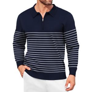 imageCOOFANDY Mens Knit Polo Shirt Quarter Zip Slim Fit Pullover Long Sleeve Sweater PoloNavy Blue White Stripes