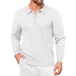 imageCOOFANDY Mens Knit Polo Shirt Quarter Zip Slim Fit Pullover Long Sleeve Sweater PoloWhite