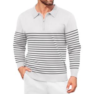 imageCOOFANDY Mens Knit Polo Shirt Quarter Zip Slim Fit Pullover Long Sleeve Sweater PoloWhite Black Stripes