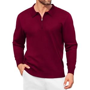 imageCOOFANDY Mens Knit Polo Shirt Quarter Zip Slim Fit Pullover Long Sleeve Sweater PoloWine Red