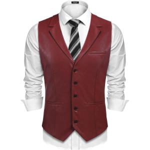 imageCOOFANDY Mens Leather Suit Vest Casual Western Vest Jacket Lightweight VNeck Dress Waistcoats Halloween CostumesBurgundy