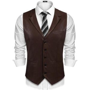 imageCOOFANDY Mens Leather Suit Vest Casual Western Vest Jacket Lightweight VNeck Dress Waistcoats Halloween CostumesCoffee