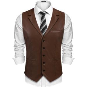 imageCOOFANDY Mens Leather Suit Vest Casual Western Vest Jacket Lightweight VNeck Dress Waistcoats Halloween CostumesDark Brown