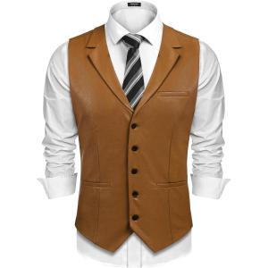 imageCOOFANDY Mens Leather Suit Vest Casual Western Vest Jacket Lightweight VNeck Dress Waistcoats Halloween CostumesLight Brown