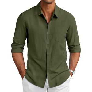 imageCOOFANDY Mens Long Sleeve Button Down Shirts Casual Cotton Linen Shirts Summer Beach Shirt with PocketArmy Green