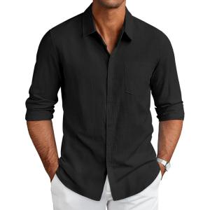 imageCOOFANDY Mens Long Sleeve Button Down Shirts Casual Cotton Linen Shirts Summer Beach Shirt with PocketBlack
