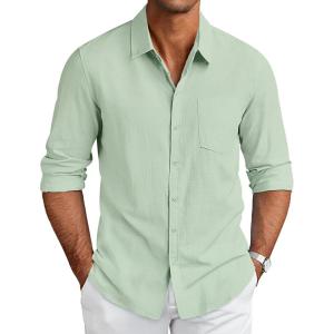 imageCOOFANDY Mens Long Sleeve Button Down Shirts Casual Cotton Linen Shirts Summer Beach Shirt with PocketLight Green