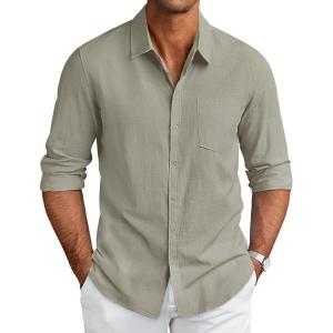 imageCOOFANDY Mens Long Sleeve Button Down Shirts Casual Cotton Linen Shirts Summer Beach Shirt with PocketLight Grey