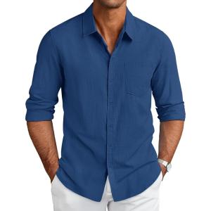 imageCOOFANDY Mens Long Sleeve Button Down Shirts Casual Cotton Linen Shirts Summer Beach Shirt with PocketNavy