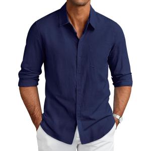 imageCOOFANDY Mens Long Sleeve Button Down Shirts Casual Cotton Linen Shirts Summer Beach Shirt with PocketNavy Blue
