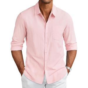 imageCOOFANDY Mens Long Sleeve Button Down Shirts Casual Cotton Linen Shirts Summer Beach Shirt with PocketPink