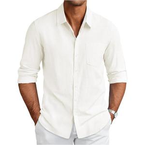 imageCOOFANDY Mens Long Sleeve Button Down Shirts Casual Cotton Linen Shirts Summer Beach Shirt with PocketWhite