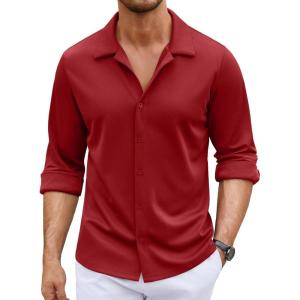 imageCOOFANDY Mens Long Sleeve Button Down Wrinkle Free Shirt Casual Untucked Stretch Dress ShirtsRed Dahlia