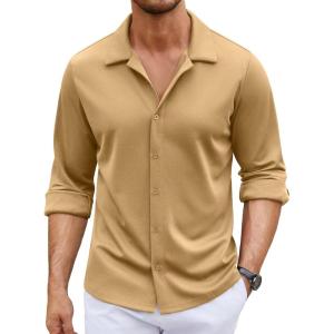 imageCOOFANDY Mens Long Sleeve Button Down Wrinkle Free Shirt Casual Untucked Stretch Dress ShirtsSesame