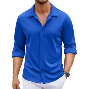 imageCOOFANDY Mens Long Sleeve Button Down Wrinkle Free Shirt Casual Untucked Stretch Dress ShirtsSnorkel Blue