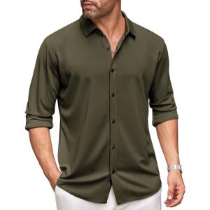 imageCOOFANDY Mens Long Sleeve Dress Shirt Casual Button Down Shirts Wrinkle Free Untucked ShirtArmy Green