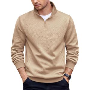 imageCOOFANDY Mens Quarter Zip Pullover Casual Long Sleeve Quilted Sweatshirt Mock Neck Polo Sweater with PocketKhaki