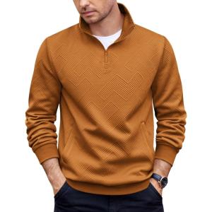 imageCOOFANDY Mens Quarter Zip Pullover Casual Long Sleeve Quilted Sweatshirt Mock Neck Polo Sweater with PocketLight Brown
