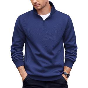 imageCOOFANDY Mens Quarter Zip Pullover Casual Long Sleeve Quilted Sweatshirt Mock Neck Polo Sweater with PocketNavy Blue