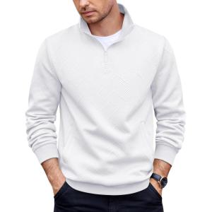 imageCOOFANDY Mens Quarter Zip Pullover Casual Long Sleeve Quilted Sweatshirt Mock Neck Polo Sweater with PocketWhite