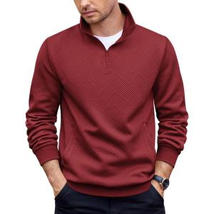 imageCOOFANDY Mens Quarter Zip Pullover Casual Long Sleeve Quilted Sweatshirt Mock Neck Polo Sweater with PocketWine Red