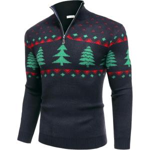 imageCOOFANDY Mens Quarter Zip Pullover Sweater Casual Zip Up Polo Sweater KnitBlack and Green Christmas Tree