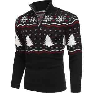 imageCOOFANDY Mens Quarter Zip Pullover Sweater Casual Zip Up Polo Sweater KnitBlack and White Snowflakes Christmas Tree