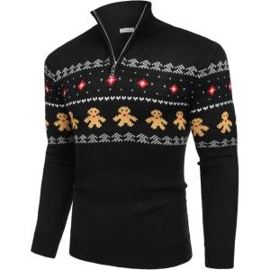 imageCOOFANDY Mens Quarter Zip Pullover Sweater Casual Zip Up Polo Sweater KnitBlack and Yellow Snowman